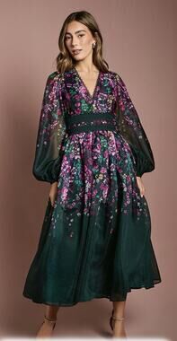 Coast Organza Floral Placement Lace Trim Midaxi Dress Forest Green Size 6